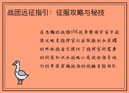 战团远征指引:征服攻略与秘技
