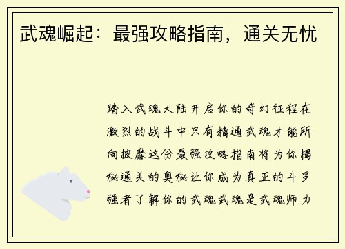 武魂崛起：最强攻略指南，通关无忧