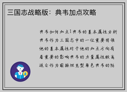 三国志战略版:典韦加点攻略