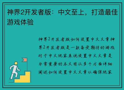 神界2开发者版:中文至上,打造最佳游戏体验