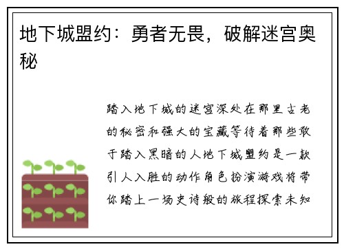 地下城盟约:勇者无畏,破解迷宫奥秘